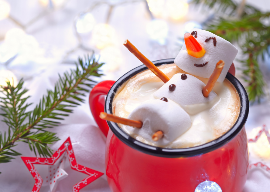 Marshmallow snowman in hot cocoa