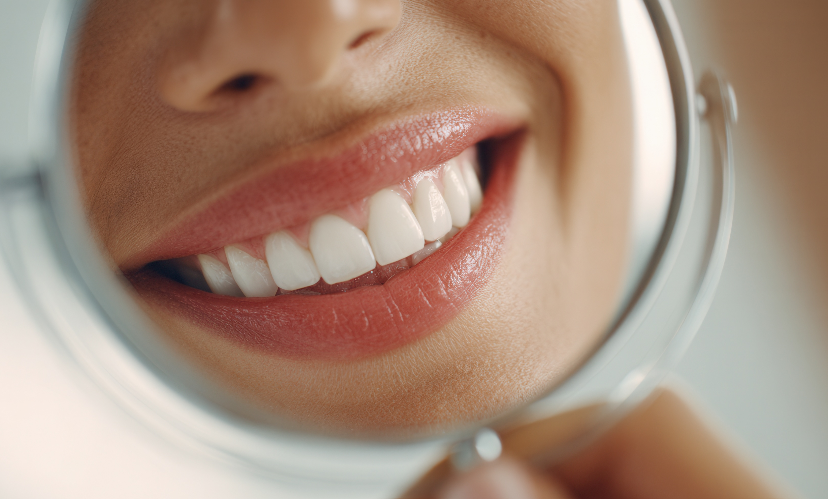 Close up of woman's smile in hand mirror